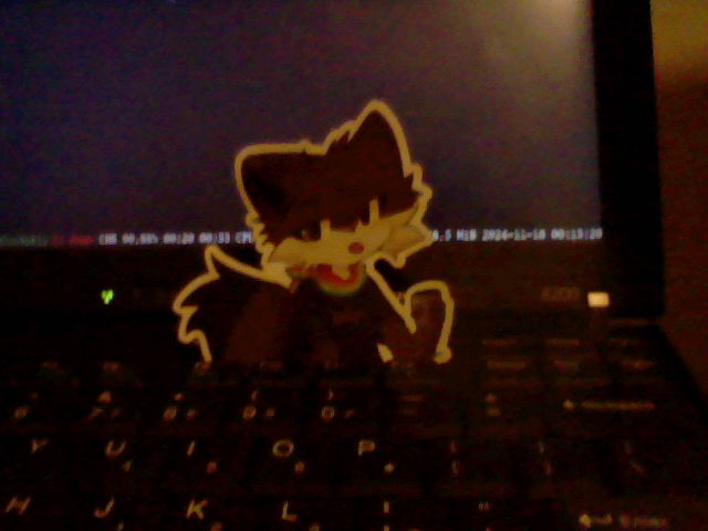 A sticker of my sona stuck between the keys of my computer