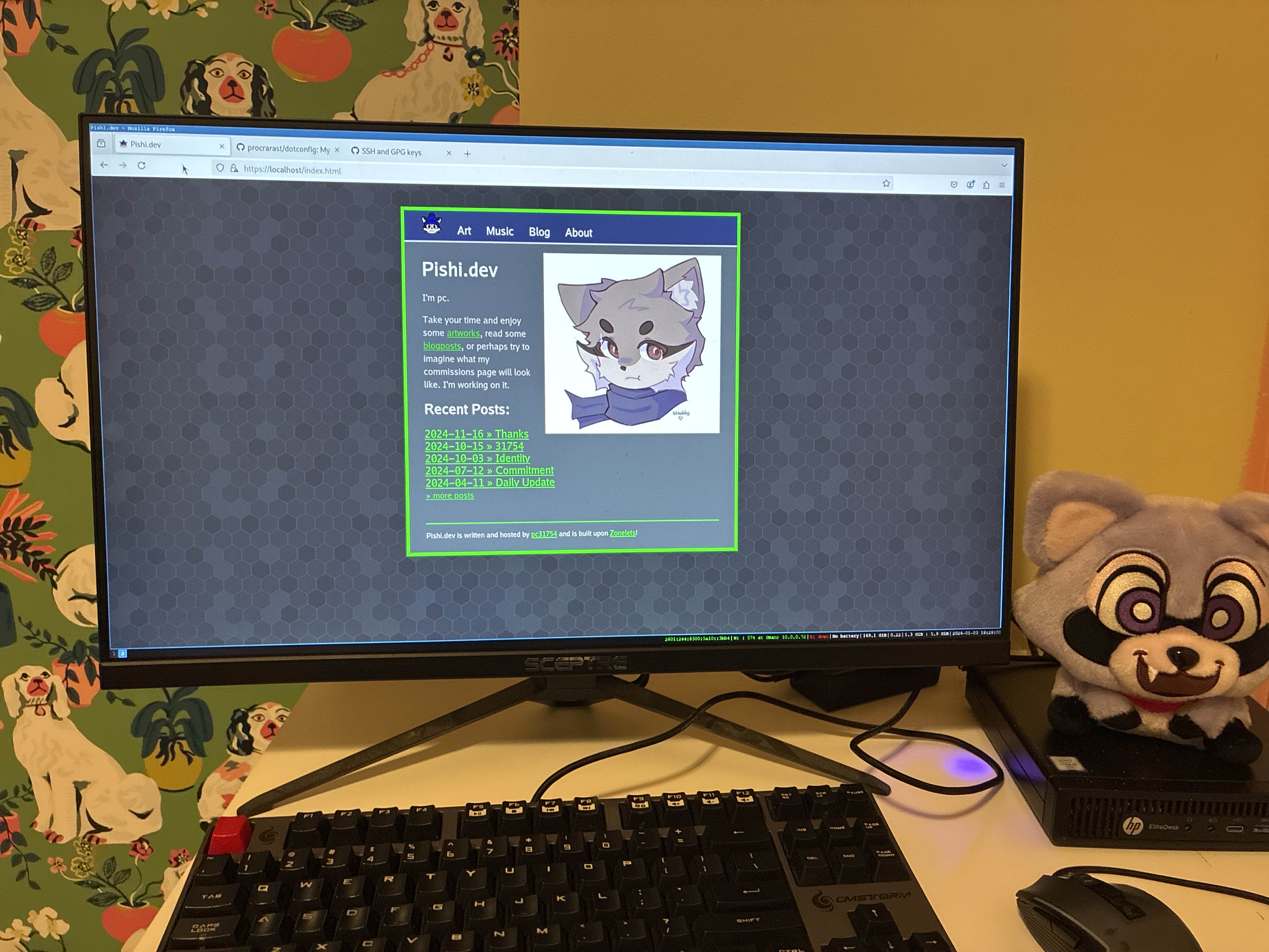 My server plugged into a screen with pishi.dev displayed on it